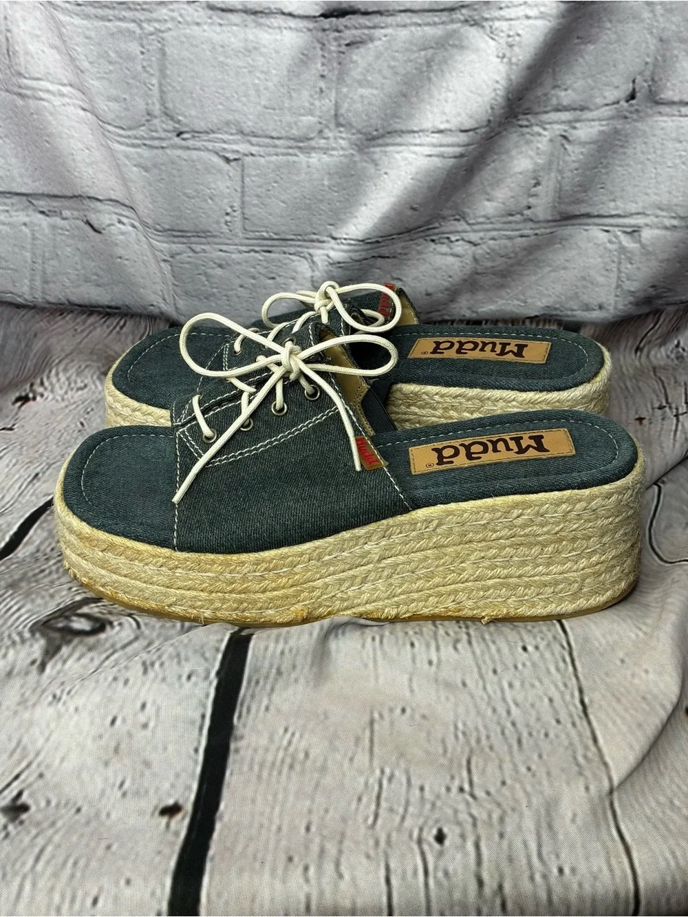 VTG Y2K Mudd Street Style Chunky Platform Tie Front Denim Espadrille Sandals 8.5